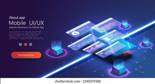 Custom design for a mobile application, Ui UX design. Phone with a disassembled interface. Gradient background and digital graph chart thin line. Vector illustrate. Landing page template for the site.