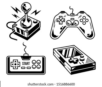 Custom design set collection of retro vintage and new modern video game controller machines icons joysticks gamepads bundle for play arcade video game. Elements of geek culture print design for gamers