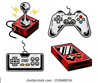 Custom design set collection of retro vintage and new modern video game controller machines icons joysticks gamepads bundle for play arcade video game. Elements of geek culture print design for gamers