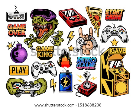 Custom design set collection of retro vintage video game geek culture gamer elements bundle Cartoon illustration for print design apparel Joystick game controller VR glasses lettering old game machine