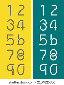 Custom designed set of ten numerals from zero to nine. Element of design includes sharp edges, some curves and gaps. Futuristic modern-looking rendered numbers from 1 to 0 or 0 to 9