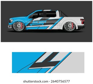 Custom designed truck wrap with blue, black, and white stripes. Modern and sporty design.