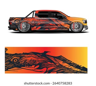 Custom designed truck wrap with an orange and black abstract tribal pattern. Perfect for showcasing vehicle wraps and designs.