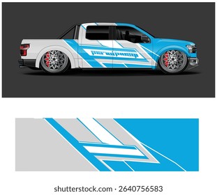 Custom designed truck wrap template with blue, white, and gray stripes. Perfect for vinyl decal design.