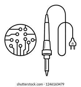 Custom development board. Soldering iron and electronics. Vector flat outline icon illustration isolated on white background.