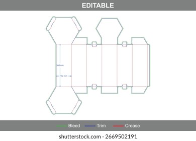 Custom dimensions polygonal boxes hexagonal dieline, six-sided gift box template, folding carton layout, printable box dieline for retail and specialty packaging