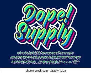 custom dope lettering font, graffiti effect typography style, cool color with highlight and shadow effect, simple sticker style for young youth street and urban art 