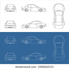 Custom Drift Racing Car Blueprint Line Drawing Technical Vector Design
