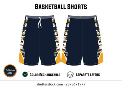 custom editable vector EPS and PNG mockup template front and back views of basketball uniform shorts white background  latest in sports apparel including a blank mesh shorts for your unique needs.