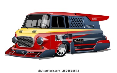 Custom fiction retro race van concept. Available EPS-10 vector format separated by groups and layers with transparency effects for one-click recolor