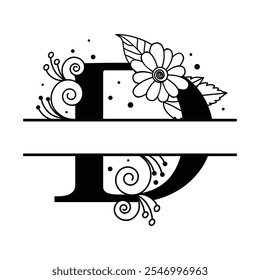 Custom Floral Alphabet Letter D, Black and White Botanical Monogram Logo Design