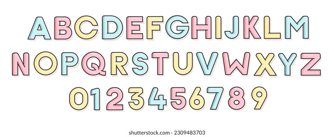 Custom font design. Baby typeface effect style. Filled outline in baby pastel color tones.