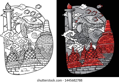 custom font doodle turtle and borobudur indonesia illustration