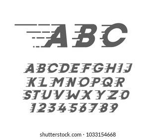 Custom font in italic style with motion elements. Speed highly costumized alphabet. Vector typography.