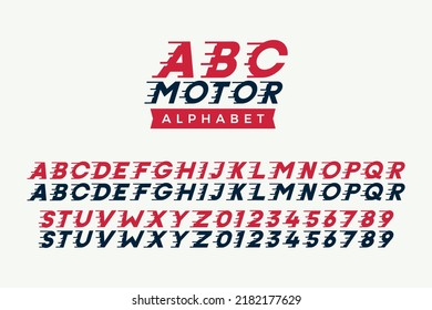 Custom font in italic style with motion elements. Speed highly costumized alphabet. Vector typography with a vintage retro poster style. Letters and numbers set. Red and blue color font. Italic bold r