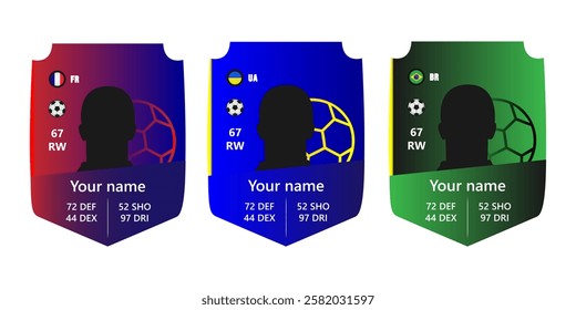 Custom football player card template with silhouette, stats, and national flags of France, Ukraine, and Brazil. Digital sports card design mockup for gaming and fantasy football