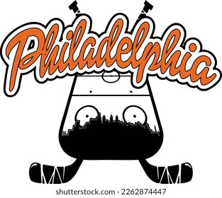 Custom full color illustration hockey logo with the Philadelphia Pennsylvania city skyline silhouette inside rink and script text up above. Vector eps graphic design.