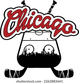 Custom full color illustration hockey logo with sticks and the Chicago Illinois city skyline silhouette inside rink and script text up above. Vector eps graphic design.