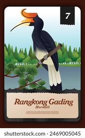 Custom game card with indonesian Hornbill endemic animals illustration