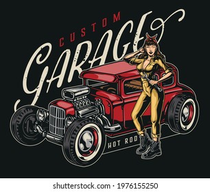 Custom garage colorful vintage print with attractive winking woman in mechanic uniform holding wrench and standing near hot rod isolated vector illustration