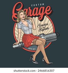 Custom garage colorful vintage sticker with laughing woman inviting car service and repair from professional mechanics vector illustration