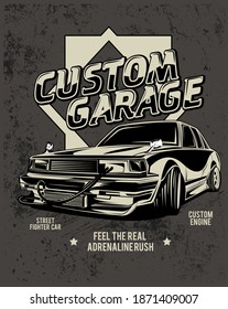 custom garage, illustration of a classic racing car modification