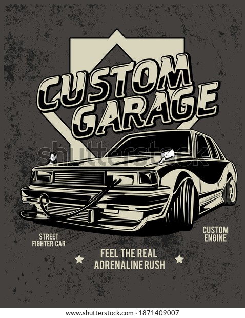 custom garage, illustration of a classic\
racing car modification