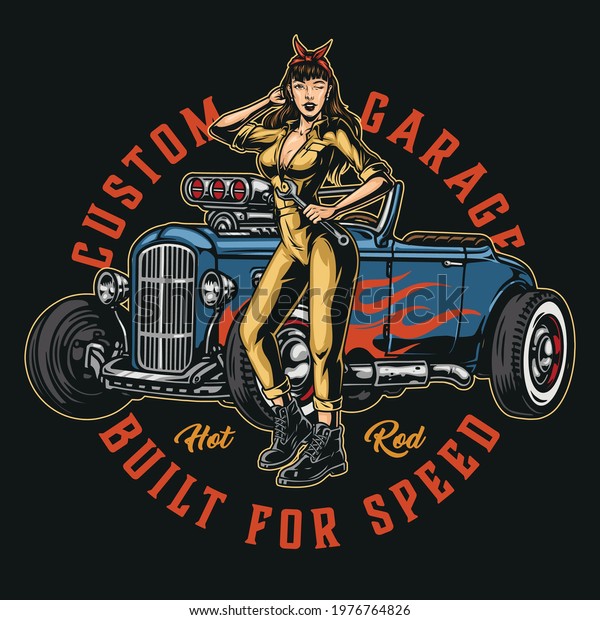 Custom\
garage vintage colorful logo with inscriptions beautiful winking\
woman in mechanic uniform holding spanner and standing near hot rod\
with flame decal isolated vector\
illustration