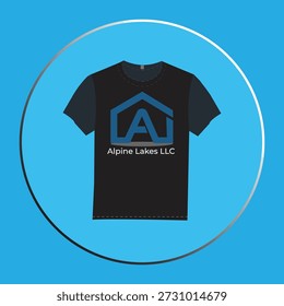 Maqueta de diseño gráfico personalizado de la camiseta, Alpine Lakes LLC Blue House Icon Logo en la camisa negra, Ilustración vectorial para la marca de ropa