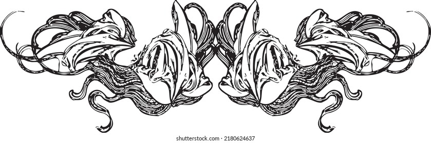 Custom hand drawn flourish with swirls and fabric-like folds.