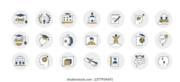 Custom Hand drawn Online Learning Icons. The icons cover various topics related to online education, including elearning, distance learning, virtual classrooms, and learning management systems. svg