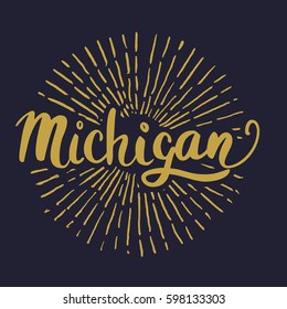 The custom hand lettering. Creative typography. Hand drawn greeting card with text Michigan.