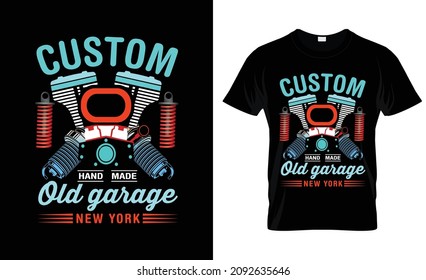 custom hand made old garage new york t shirt design. Motorcycle t shirt print template,  Motorcycle element vector file