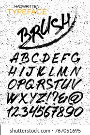 Custom handwritten alphabet. HandMade Typeface 'Brush'. Original Letters and Numbers. Vintage retro textured hand drawn type with grunge effect. Vector illustration
