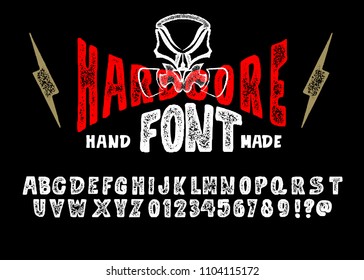  Custom handwritten alphabet. Retro textured hand drawn typeface with grunge effect. Vector illustration. Letters and Numbers. Original Design.