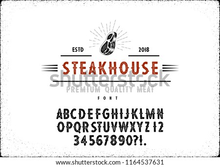 Custom handwritten alphabet. Retro textured hand drawn typeface with grunge effect.  Letters and Numbers. Serif Font.Set of Textured meat and steak  Badges, Emblems, Logos and Design Elements. Stock foto © 