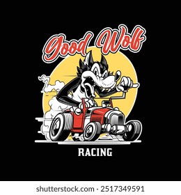 ilustração de lobo de corrida de hot rod personalizado