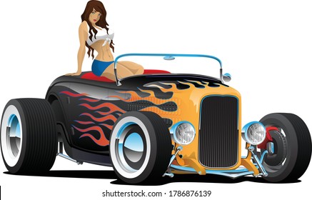 Custom Hot Rod Roadster Car With Flames And Sexy Woman Isolated Vector Illustration