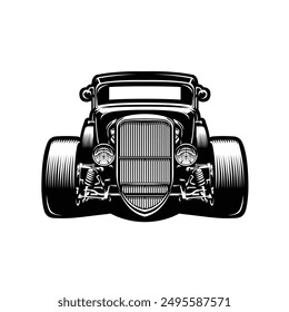 Custom hotrod car front view vector monochrome illustration. Best for mechanics and garage related industries