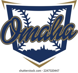 Individuell illustrierte Baseball-Logo mit der Skyline-Silhouette und Naht der City Omaha Nebraska. Vektorgrafik-Design.