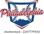 Custom illustrated baseball logo with the city of Philadelphia Pennsylvania skyline silhouette inside of home plate and base ball or softball stitching. Vector eps graphic design.