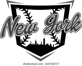 Logo personalizado de béisbol ilustrado con la silueta de perfil urbano de Nueva York dentro del plato principal con costura. Diseño gráfico de vectores. Fácil de editar.