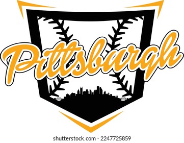 Custom illustrated baseball logo with the city of Pittsburgh Pennsylvania skyline silhouette inside of home plate with stitching. Vector eps graphic design.