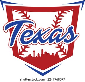 Custom illustrated baseball logo with the city of Dallas Texas skyline silhouette inside of home plate and baseball or softball stitching. Vector eps graphic design.