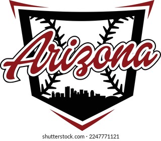 Logo de béisbol ilustrado personalizado con silueta de perfil urbano de Phoenix Arizona dentro de placa de casa y hilos de béisbol o softball. Diseño gráfico de vectores.