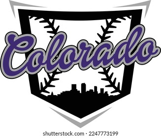 Custom illustrated baseball logo with the city skyline silhouette of Denver Colorado inside home plate and baseball or softball stitching. Vector eps graphic design.