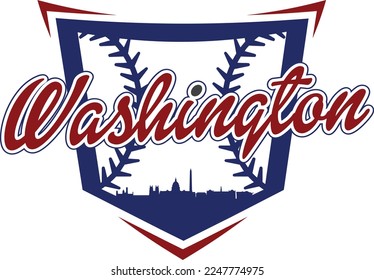 Custom illustrated baseball logo with the city skyline of Washington D.C. inside home plate and baseball or softball stitching. Vector eps graphic design.