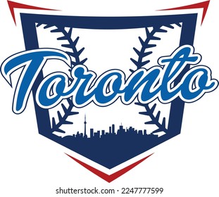 Custom illustrated baseball logo with the city of Toronto Ontario Canada inside of home plate and baseball or softball stitching. Vector eps graphic design.