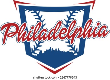 Individuell illustriertes Baseballlogo mit der Stadt Philadelphia Pennsylvania Skyline Silhouette im Innern der Heimteller und Baseball oder Softball Heften. Vektorgrafik-Design.