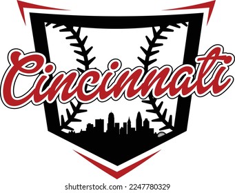 Custom illustrated baseball logo with the city of Cincinnati Ohio skyline silhouette inside of home plate and baseball or softball threads. Vector eps graphic design.